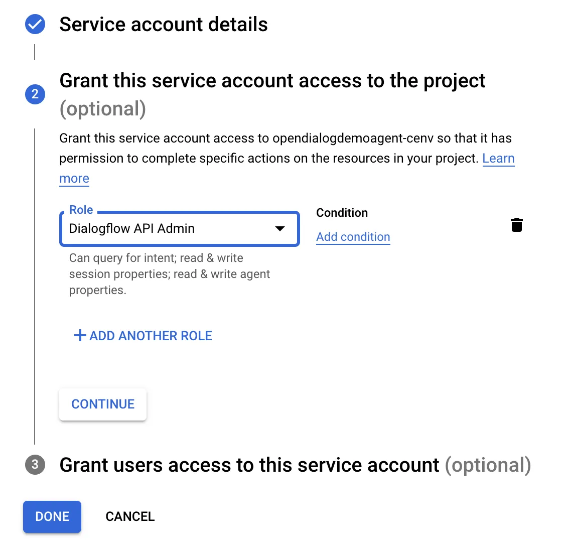 Creating an service user for the Dialogflow API through the Google Cloud Console