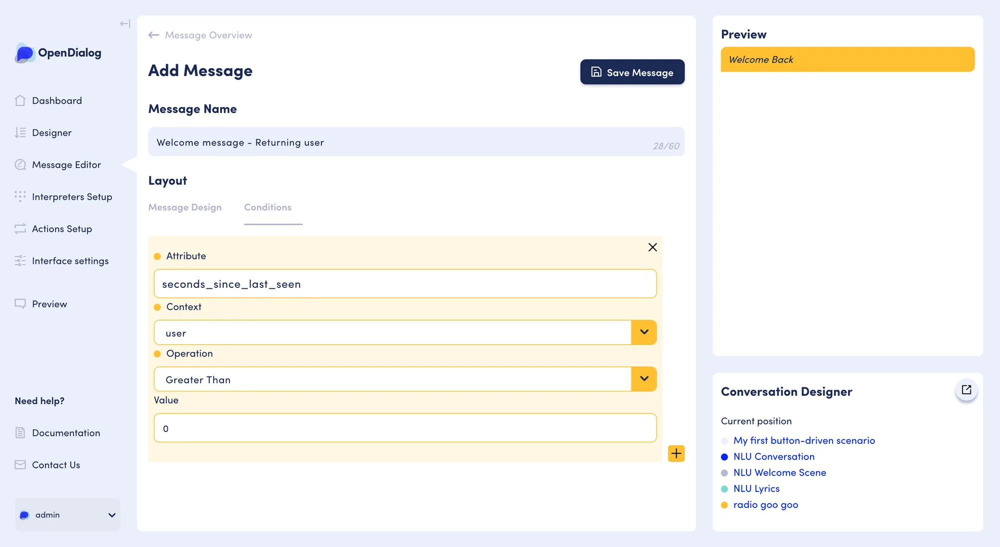 Conditions: Returning user welcome message