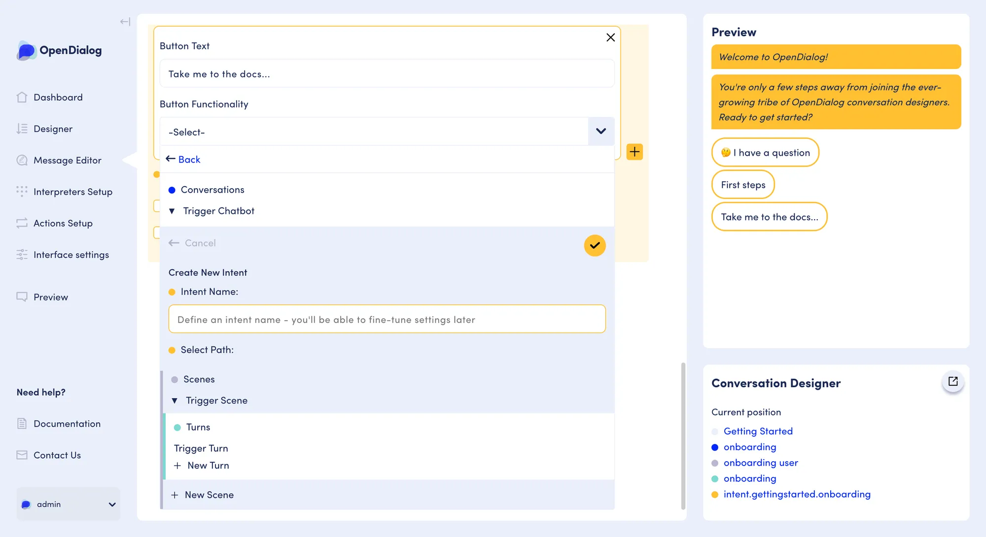 Message editor: Create new intent.