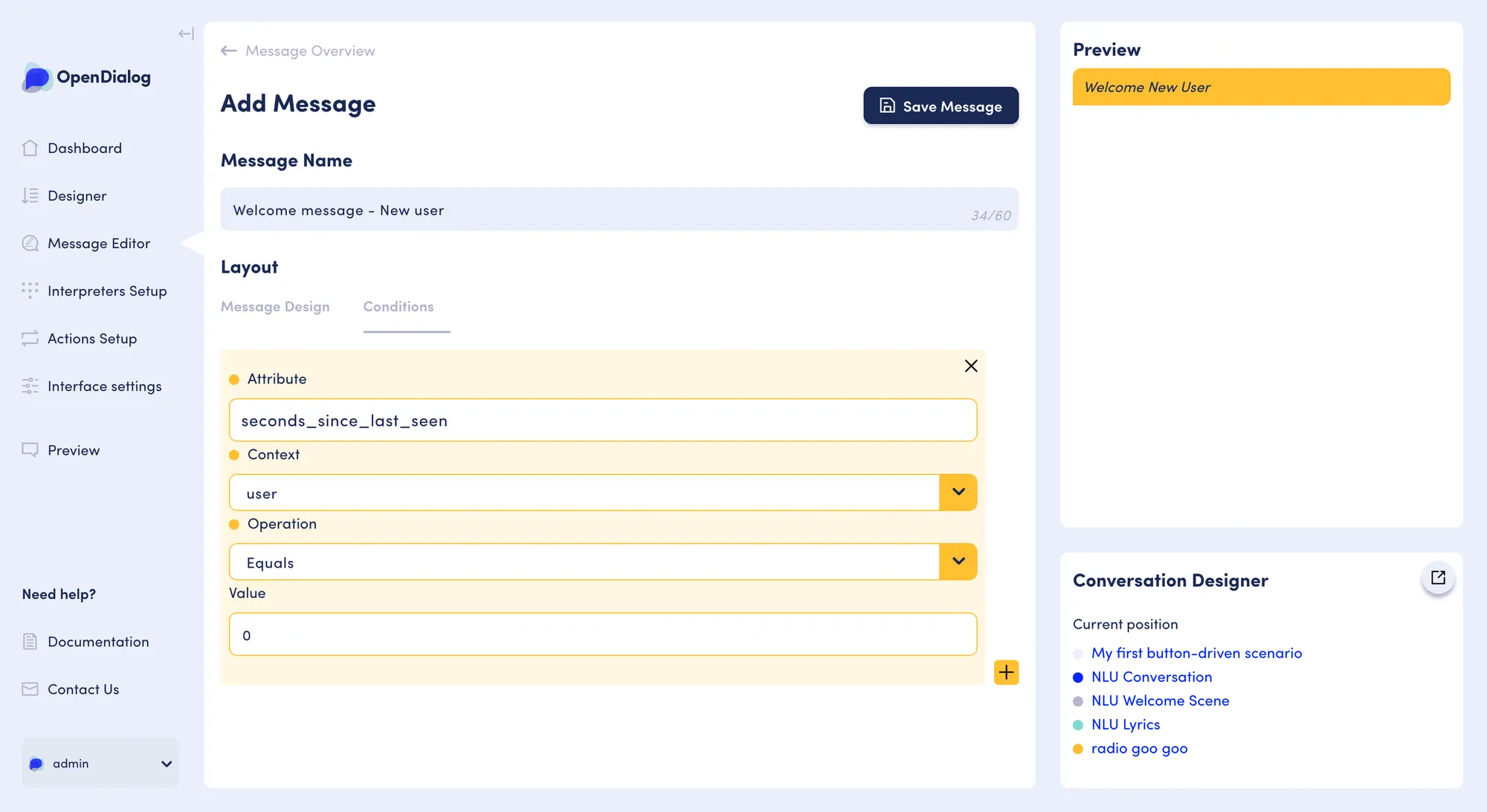Conditions: New user welcome message