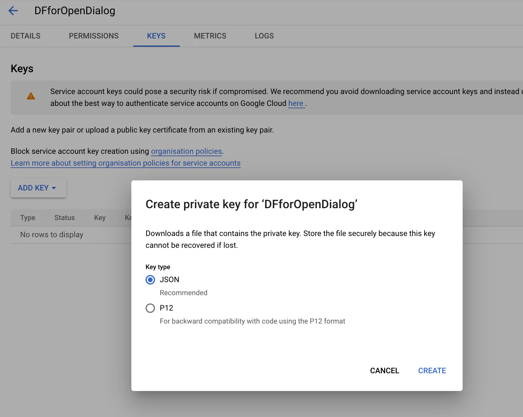 Generating a JSON key for Dialogflow API access