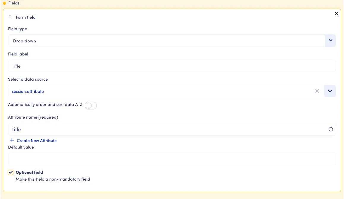 An image of the Form Select Designer. From Top to bottom we have 6  input fields with the following labels: 'Field type', 'Field label', 'Select a data source', 'Attribute name' and 'Default value'. There is also a checkbox beneath that toggles if the field is optional (default setting) or mandatory.