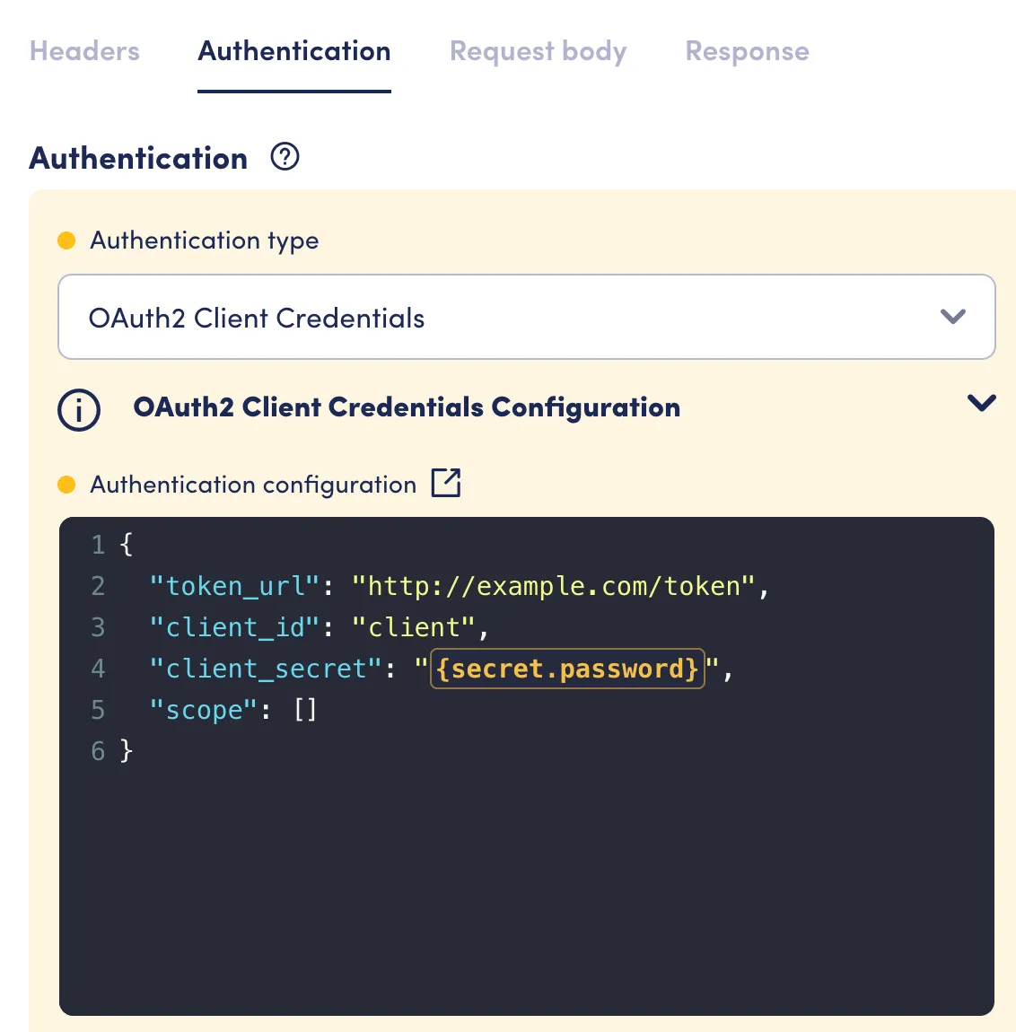 OAuth2 Client Credentials configuration showing token URL, client ID, client secret with a secret reference, and scope