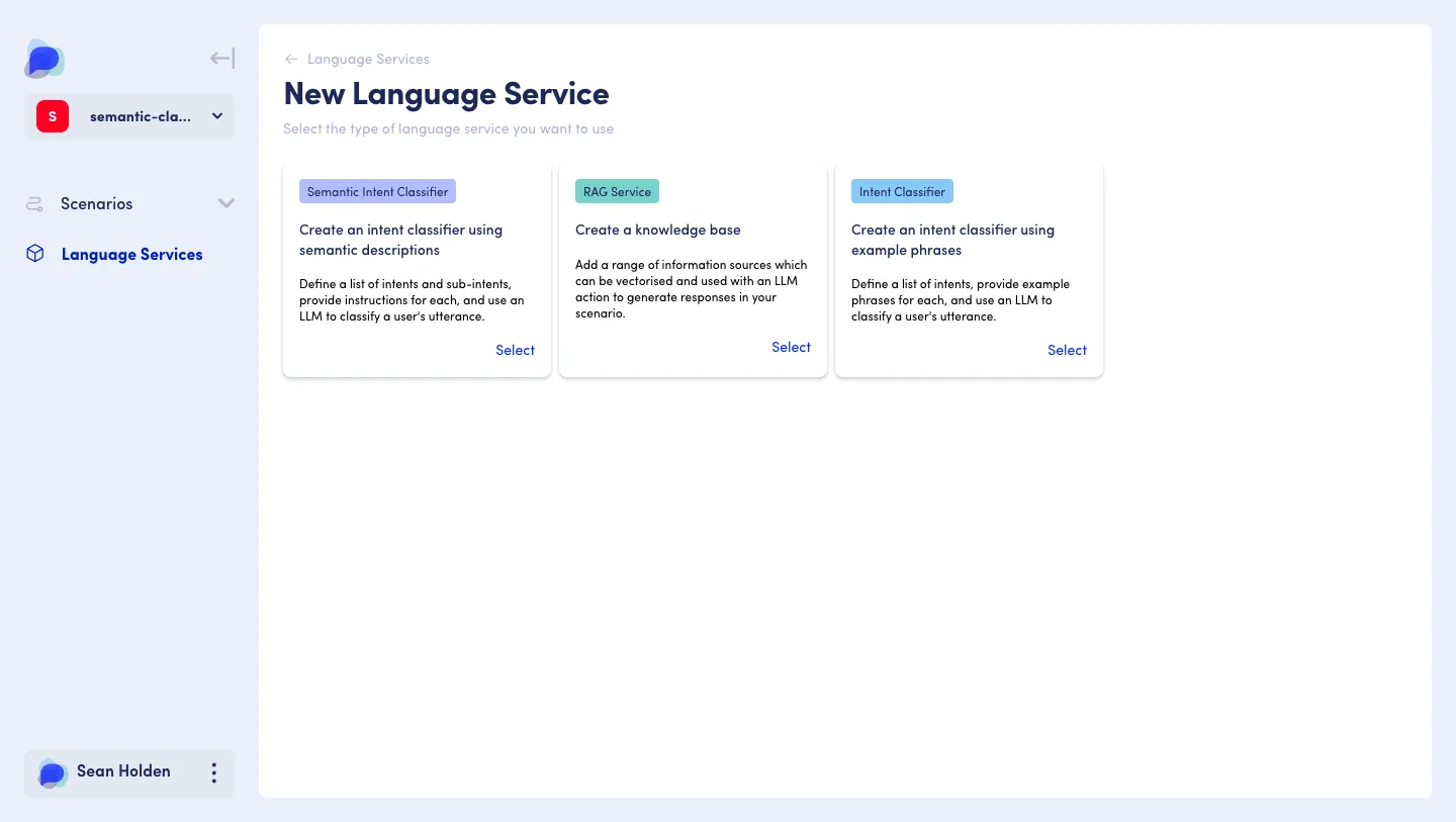 The language services landing page within the Open Dialog product - showing a semantic classifier