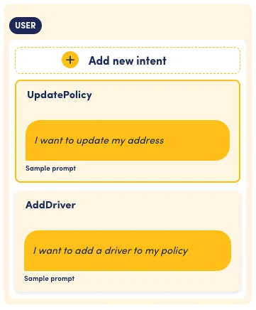 A screenshot of the OpenDialog Designer. It shows two user intents, one called Update Policy and another called Add Driver.