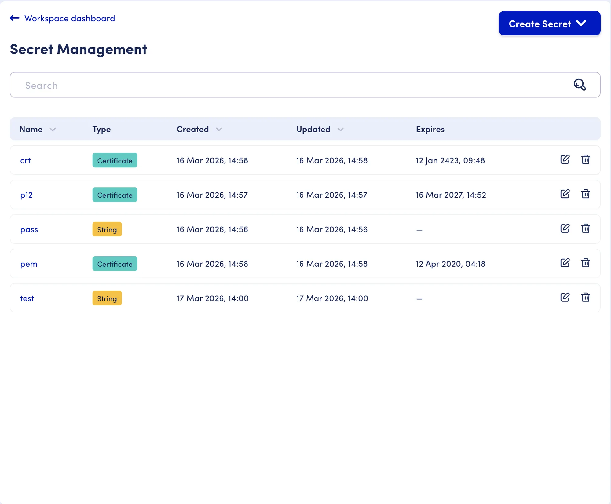 Secret Management page showing a list of secrets and certificates with their types, dates, and expiration